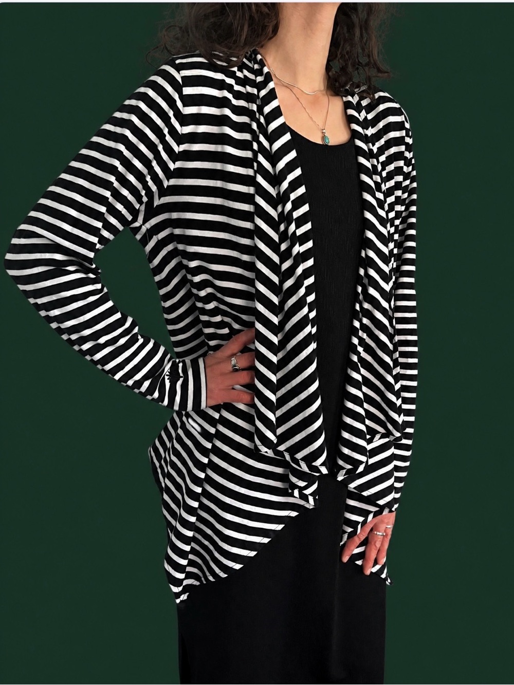 Black White Striped Cardigan • Draped Shawl Collar• Chic Casual to Semi-Formal